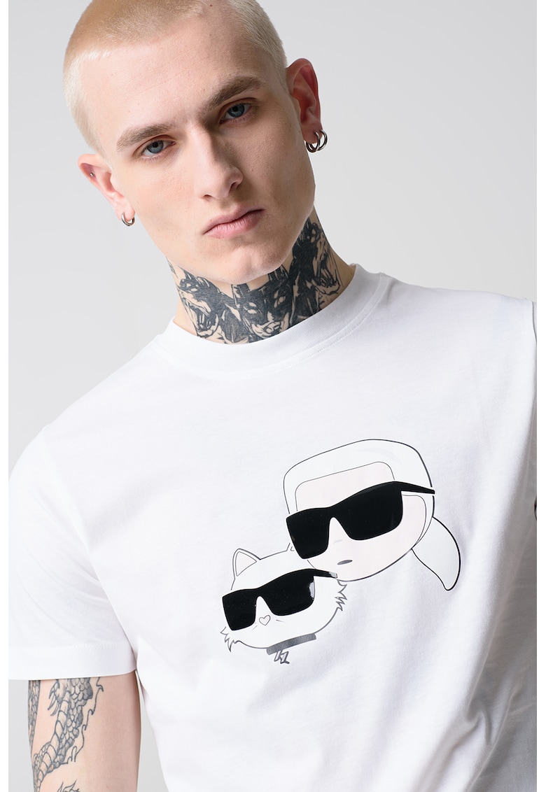 Tricou cu decolteu la baza gatului si imprimeu logo - Negru/Alb optic