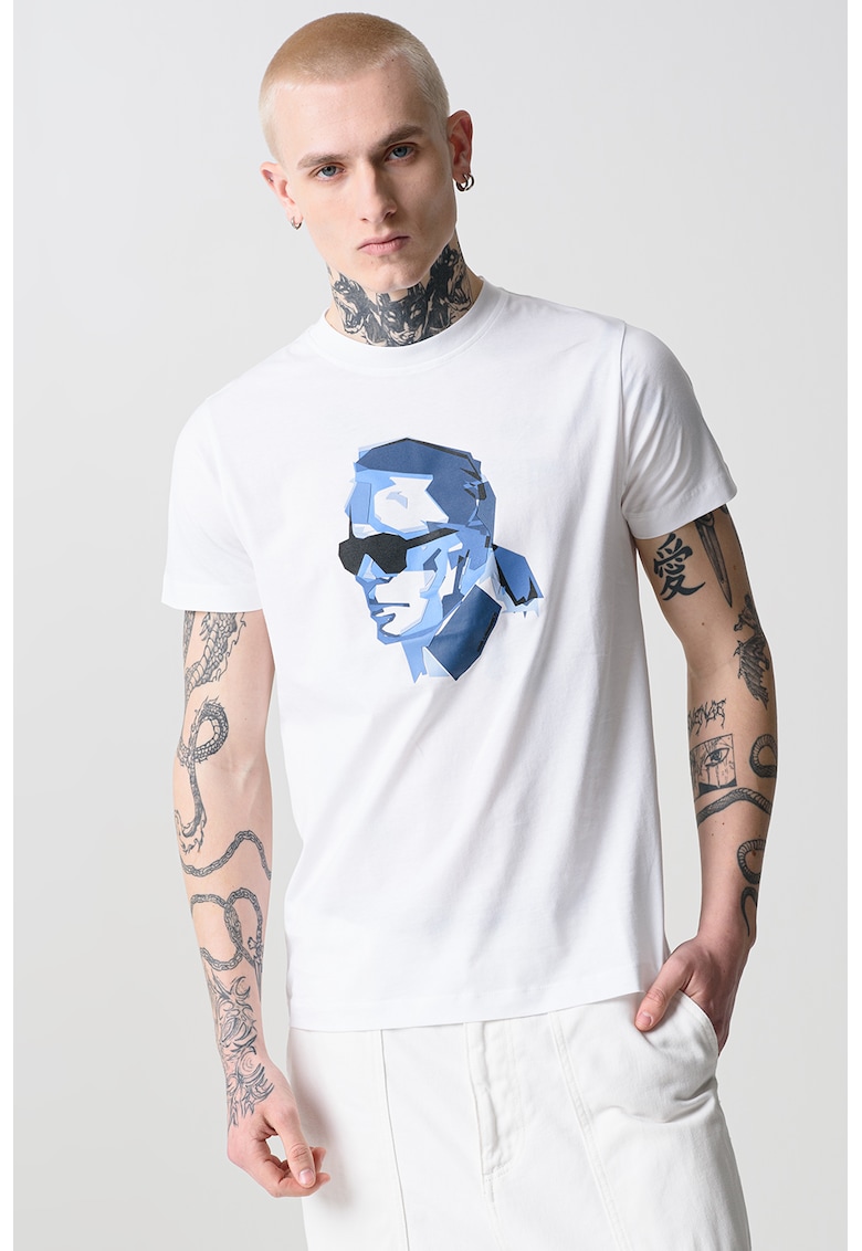 Tricou de bumbac cu imprimeu - Albastru inchis/Alb optic