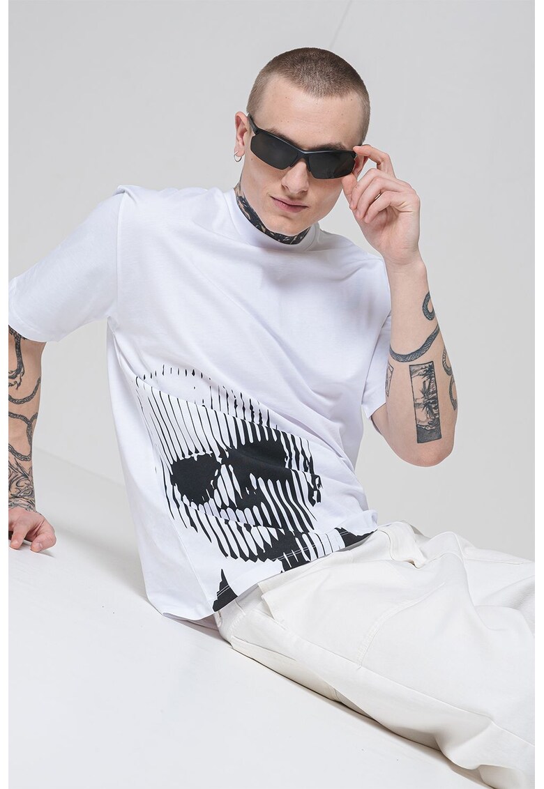 Tricou cu decolteu la baza gatului si imprimeu - Alb/Negru