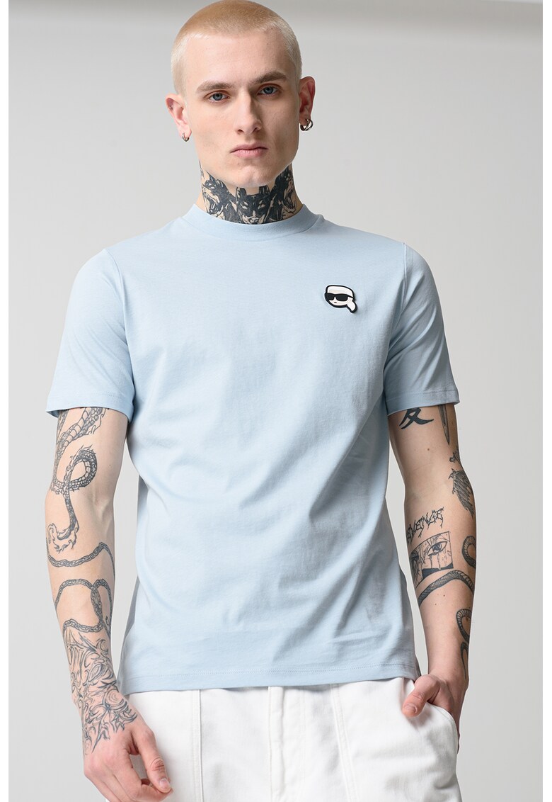 Tricou de bumbac cu logo pe piept - Albastru pastel