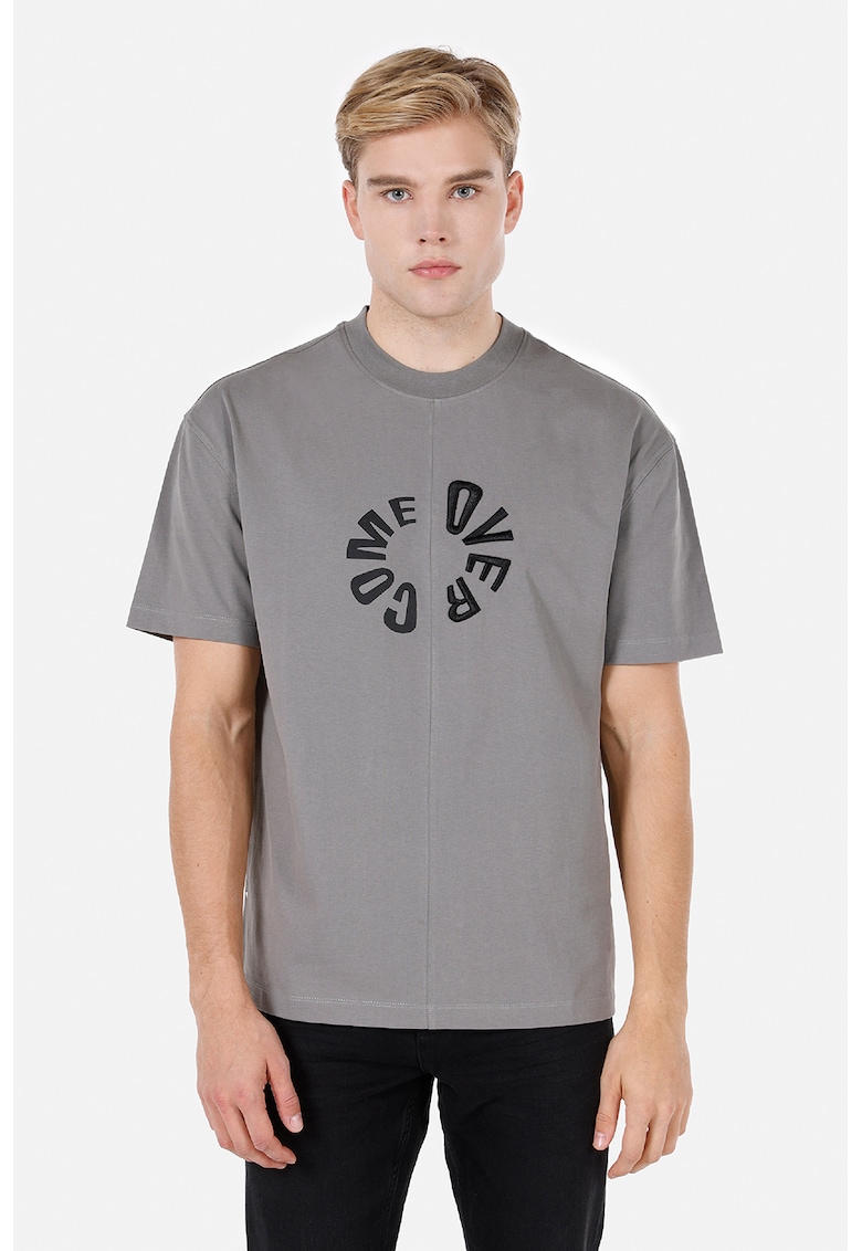 Tricou de bumbac cu decolteu la baza gatului - Negru/Gri inchis