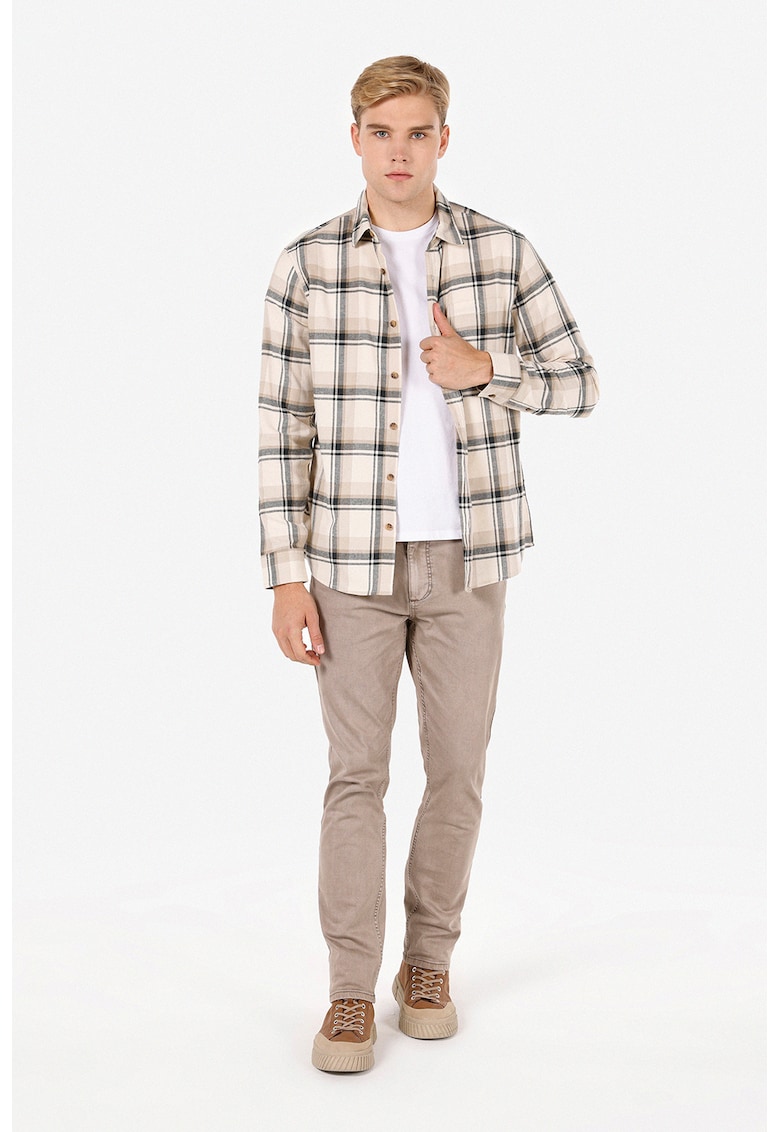 Camasa cu maneci lungi si model in carouri - Crem/Gri inchis