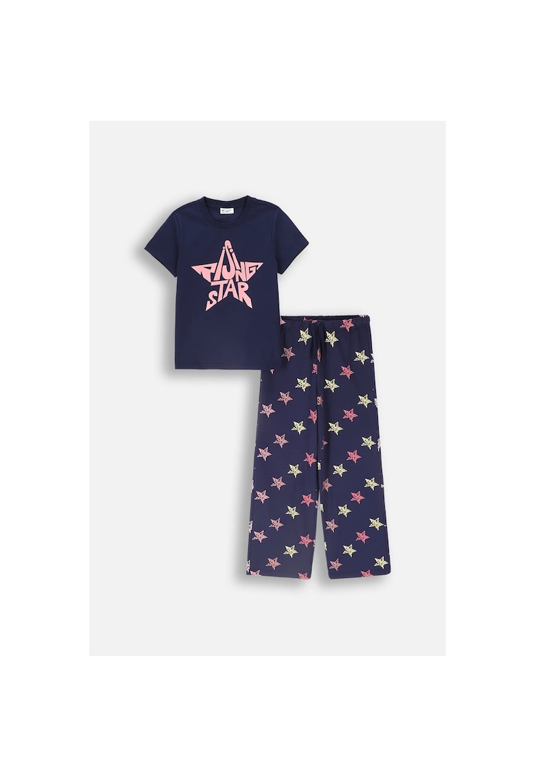 Pijama cu maneca scurta si imprimeu frontal - Bleumarin