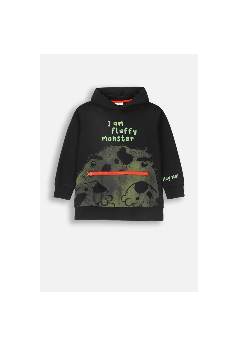 Hanorac cu imprimeu grafic si buzunar cu fermoar - Negru