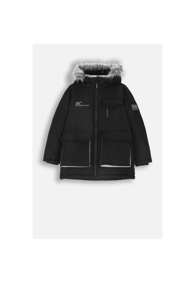 Geaca impermeabila cu gluga si segment din blana artificiala - Negru