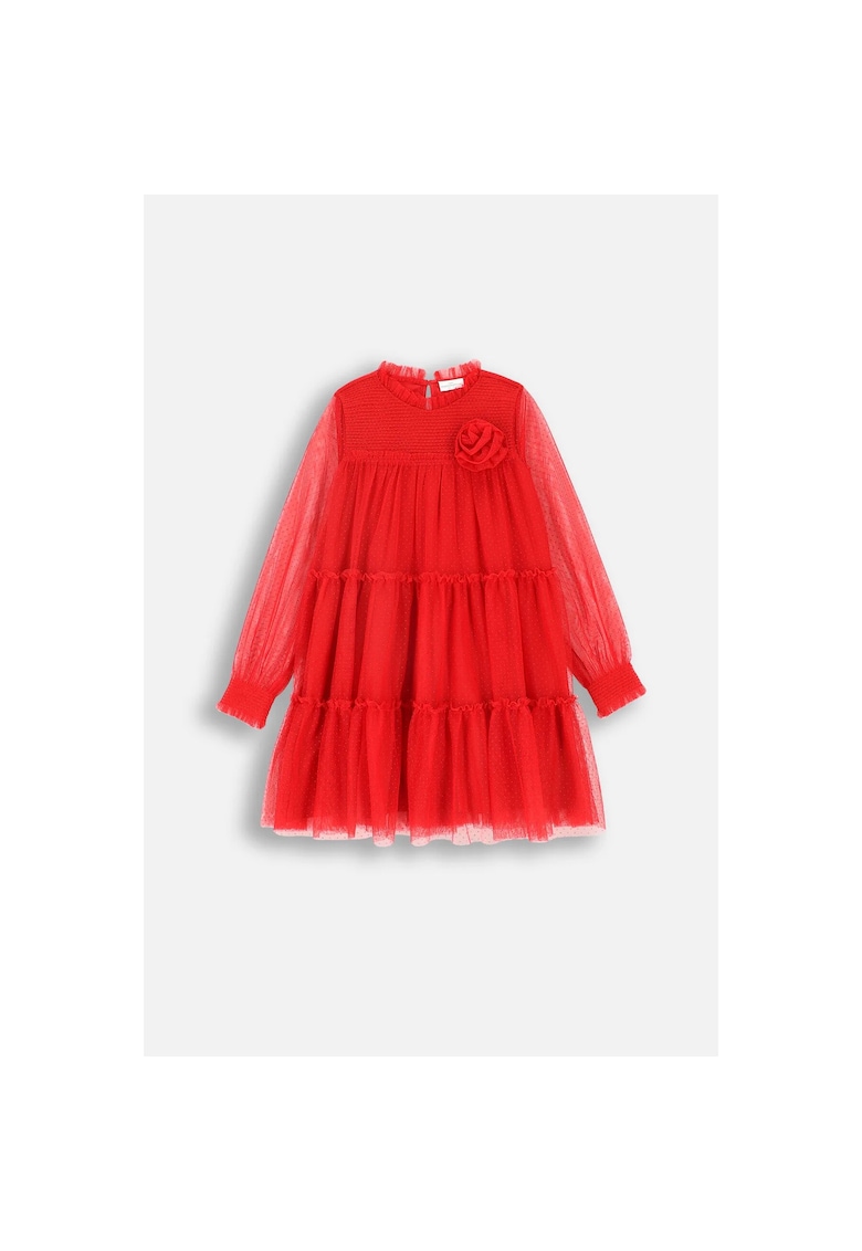 Rochie din tul cu aspect stratificat si aplicatie florala - Rosu