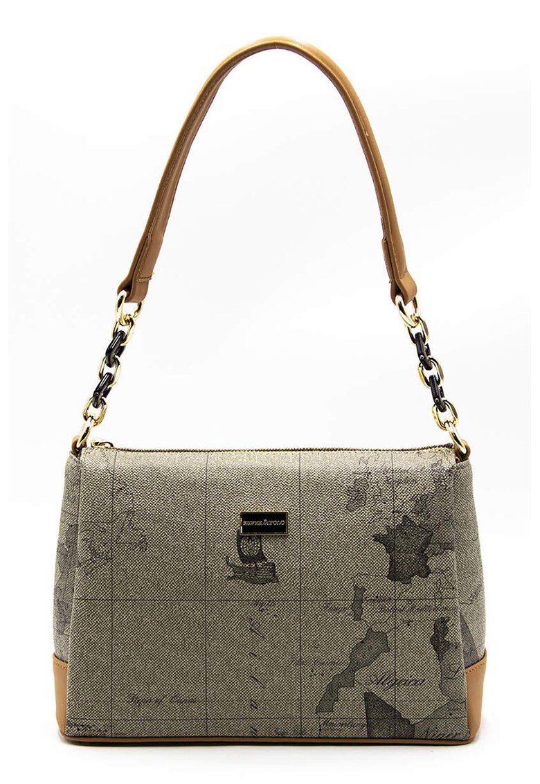 Geanta din piele ecologica cu bareta de umar si model - Maro/Grej