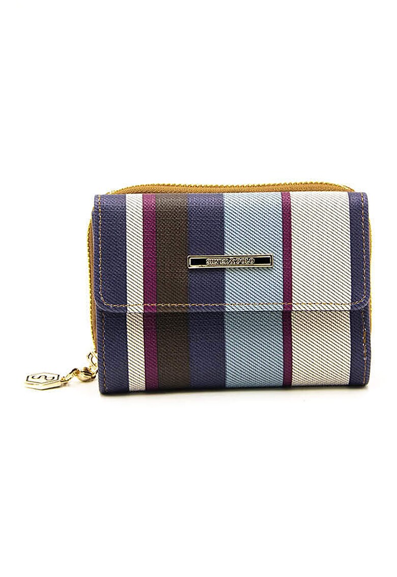 Portofel de piele ecologica cu dungi - Alb fildes/Maro/Bleumarin