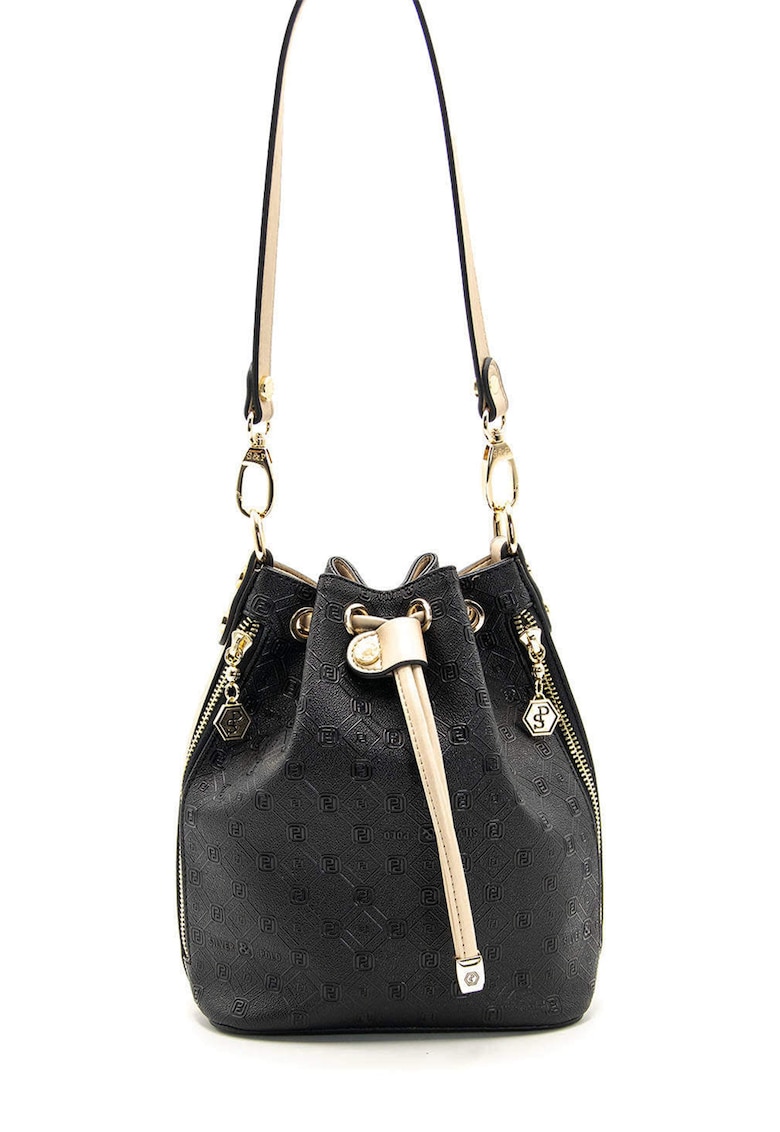 Geanta de piele ecologica cu bareta de umar si monograma - Negru/Bej