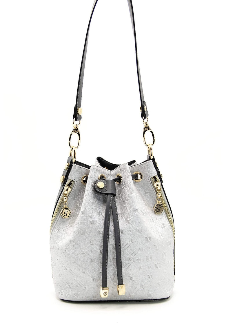 Geanta bucket de piele ecologica cu buzunare exterioare cu fermoar - Alb/Gri inchis