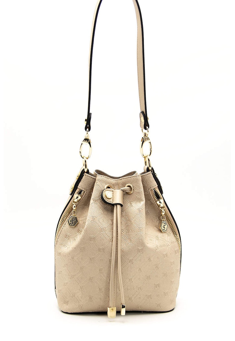 Geanta de piele ecologica cu bareta de umar si monograma - Maro deschis