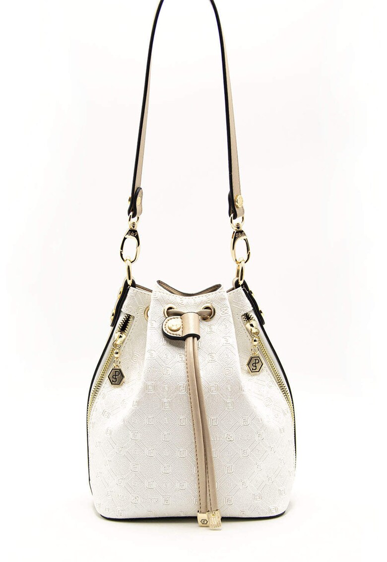 Geanta de piele ecologica cu bareta de umar si monograma - Alb