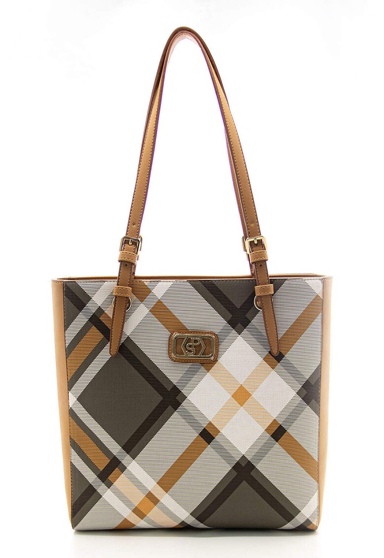 Geanta shopper de piele ecologica in carouri - Alb/Gri/Caramel