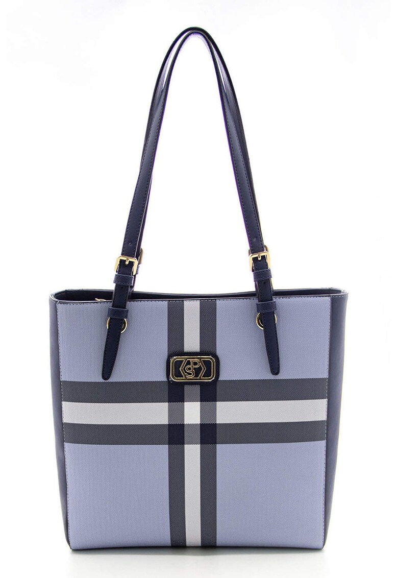 Geanta shopper de piele ecologica cu model in carouri - Alb/Albastru deschis/Bleumarin