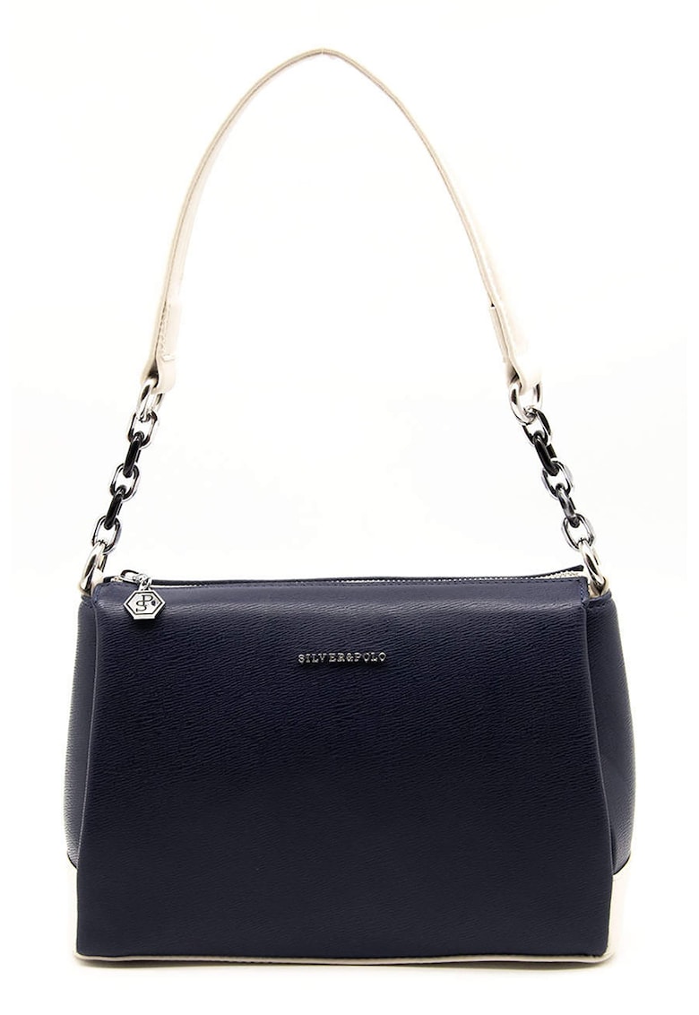 Geanta din piele ecologica cu bareta de umar si logo metalic - Alb/Bleumarin