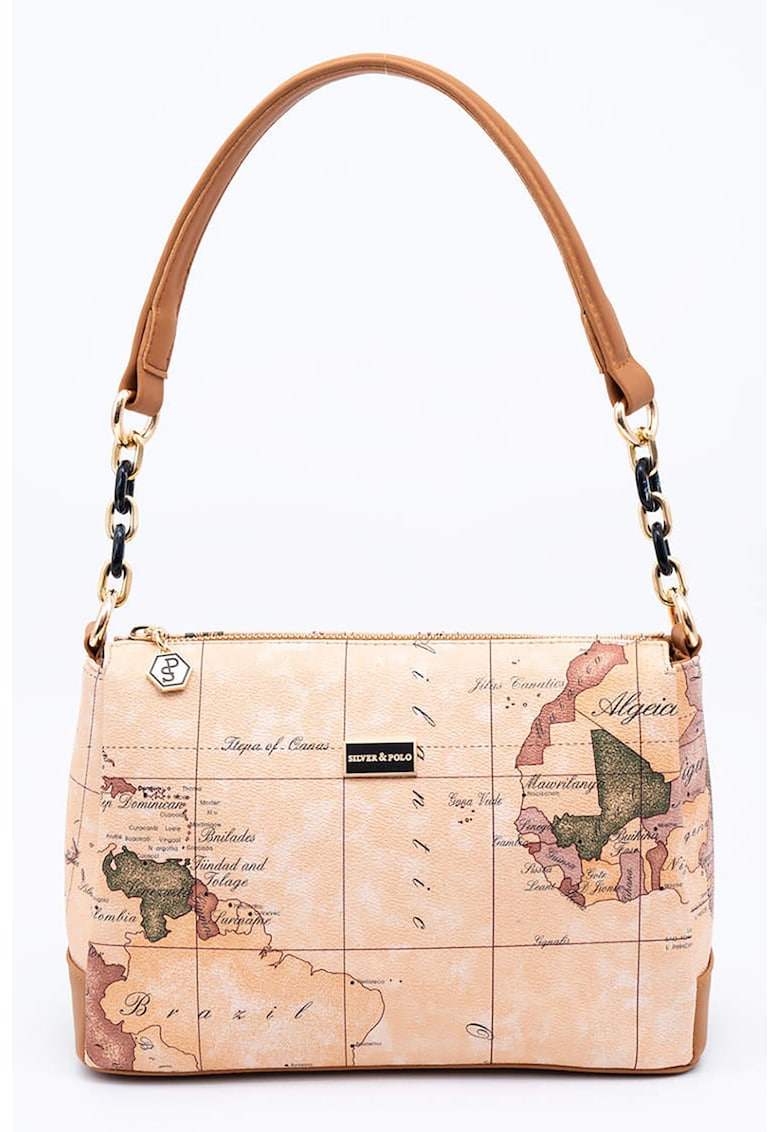 Geanta de piele ecologica cu bareta de umar si imprimeu grafic - Maro deschis