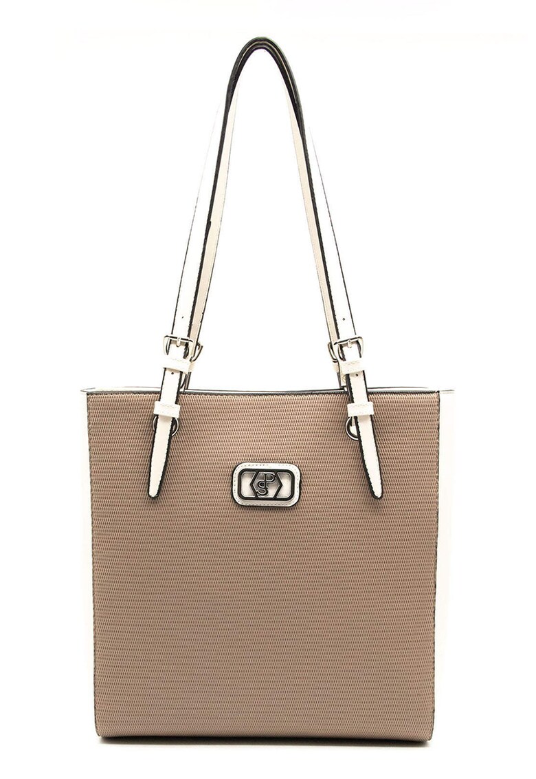 Geanta shopper de piele ecologica - Alb fildes/Maro deschis