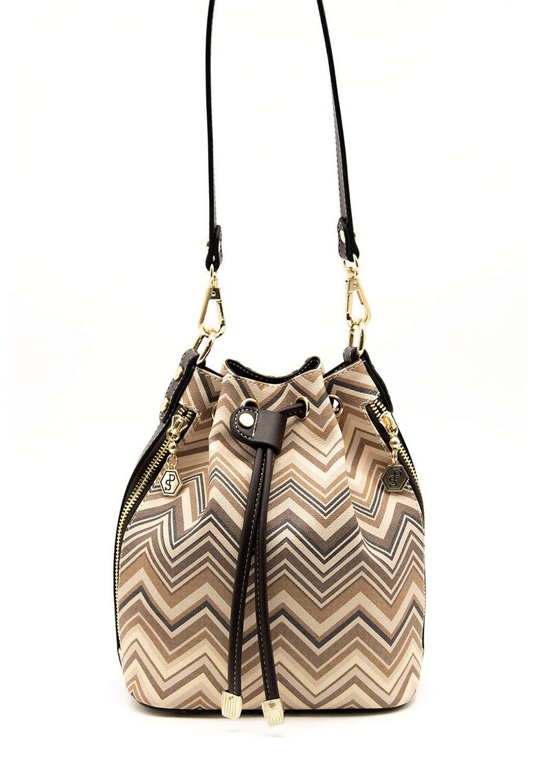 Geanta de piele ecologica cu bareta de umar si model - Maro/Bej