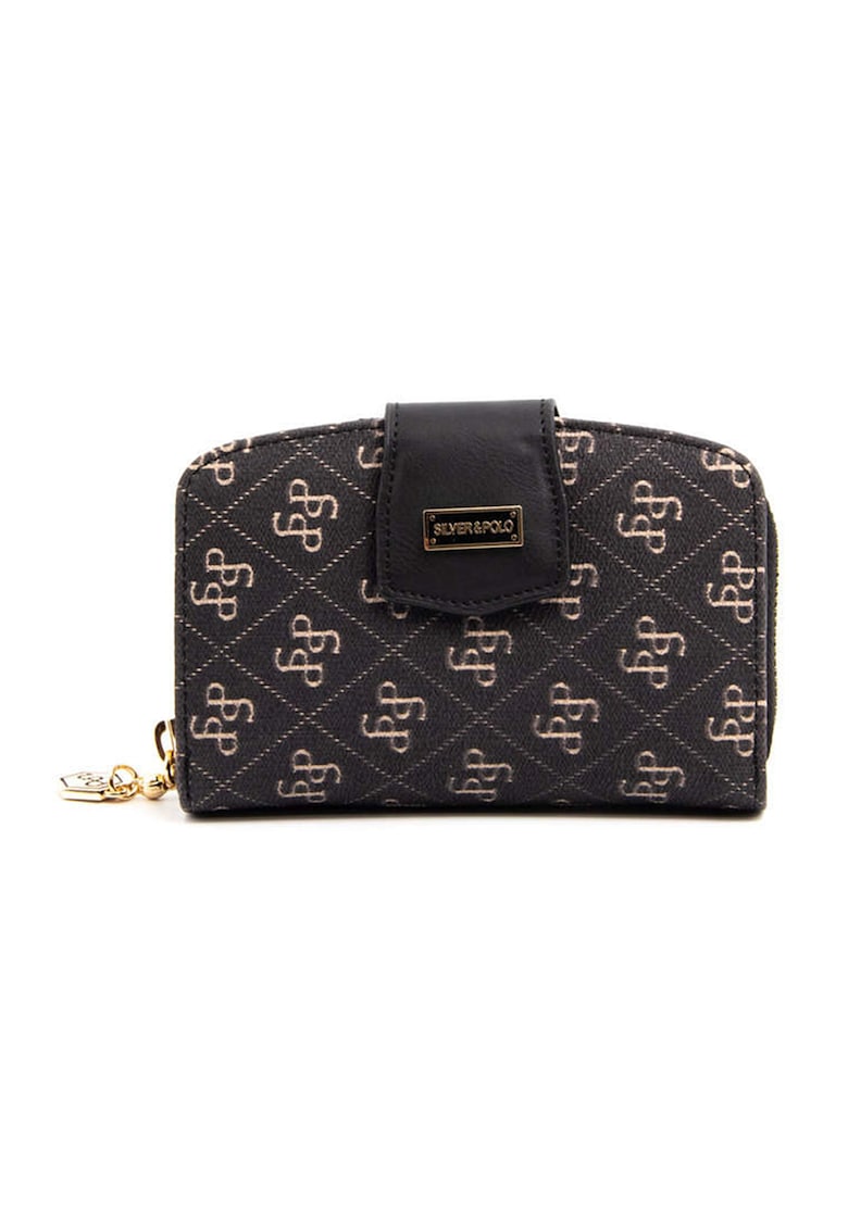 Portofel de piele ecologica cu model - Negru/Crem