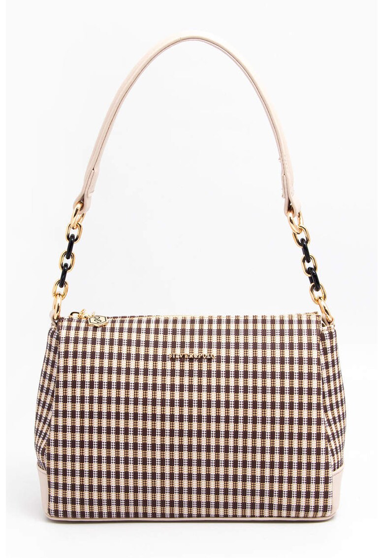 Geanta cu bareta de umar si model in carouri - Maro inchis/Crem