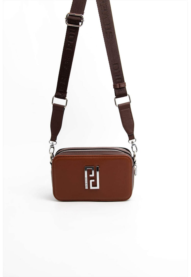 Geanta crossbody de piele ecologica cu logo metalic - Maro