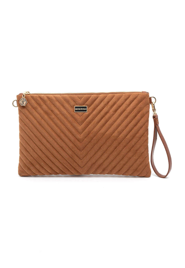 Geanta-plic cu bareta din lant si model matlasat - Caramel