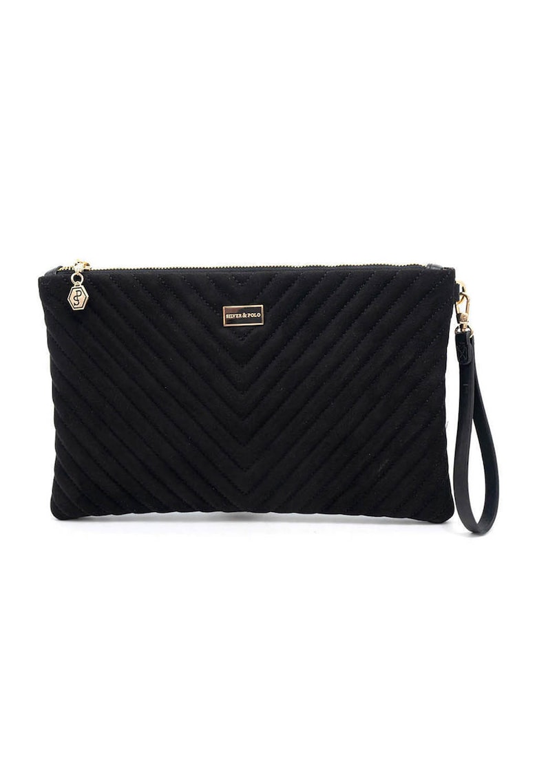 Geanta-plic cu bareta din lant si model matlasat - Negru