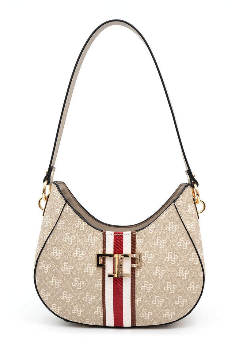 Geanta de piele ecologica cu bareta de umar si model - Rosu/Alb/Bej deschis