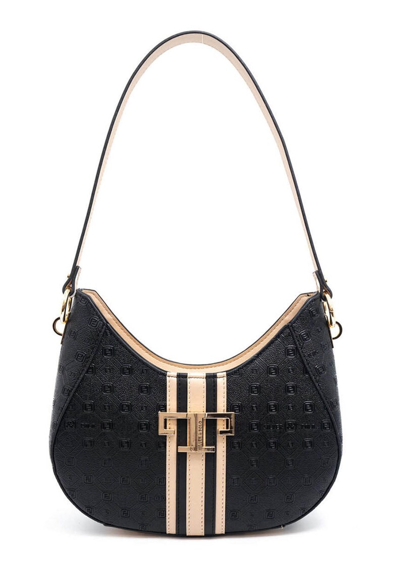 Geanta de piele ecologica cu bareta de umar si model - Negru/Crem