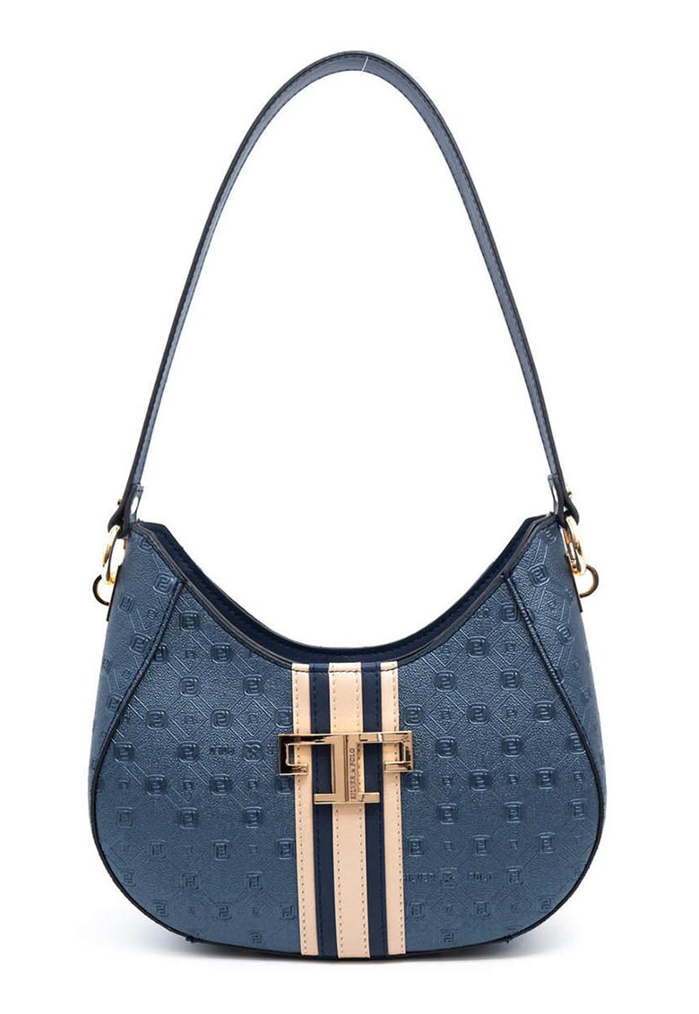 Geanta de piele ecologica cu bareta de umar si model - Crem/Bleumarin