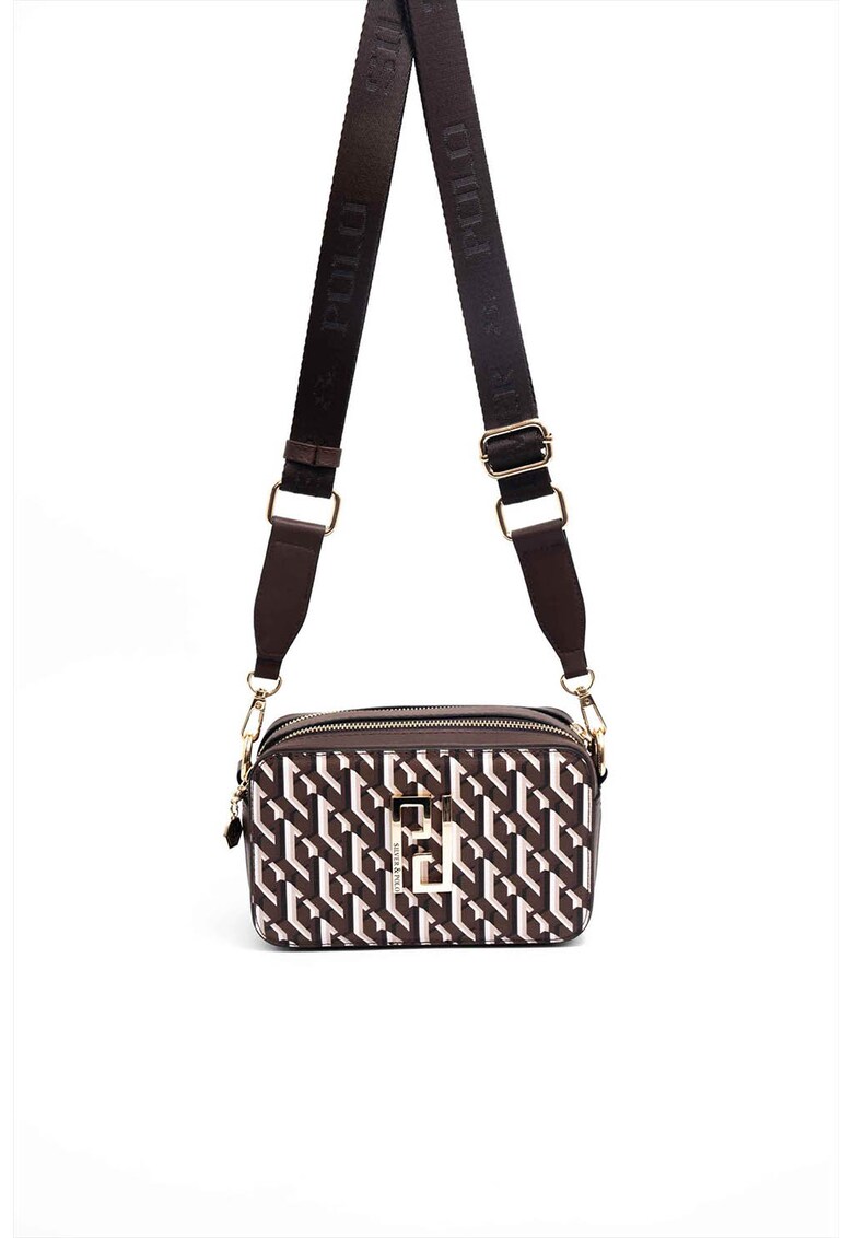 Geanta crossbody de piele ecologica - Alb/Maro inchis - 13 x 20 x 8 cm