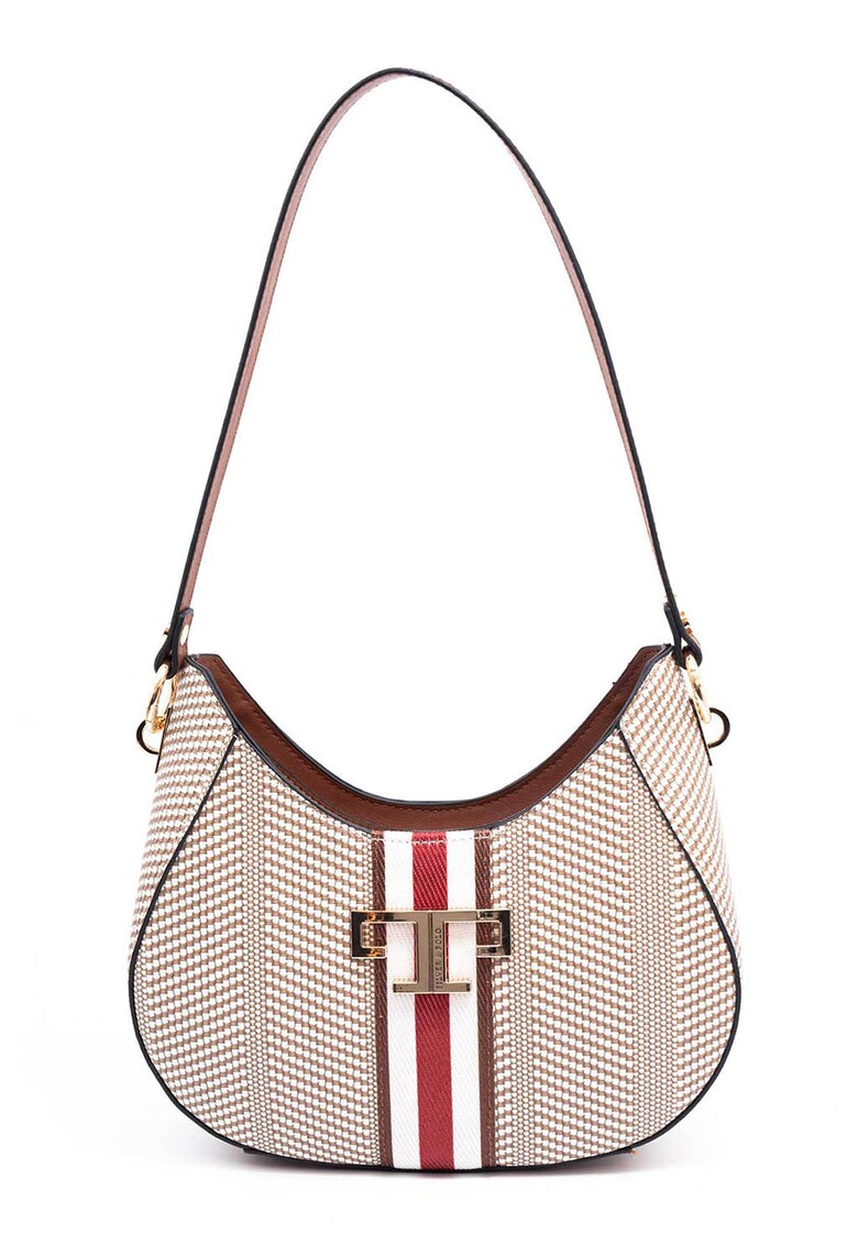 Geanta de piele ecologica cu bareta de umar si model - Alb - Alb/Maro - 15x24x7