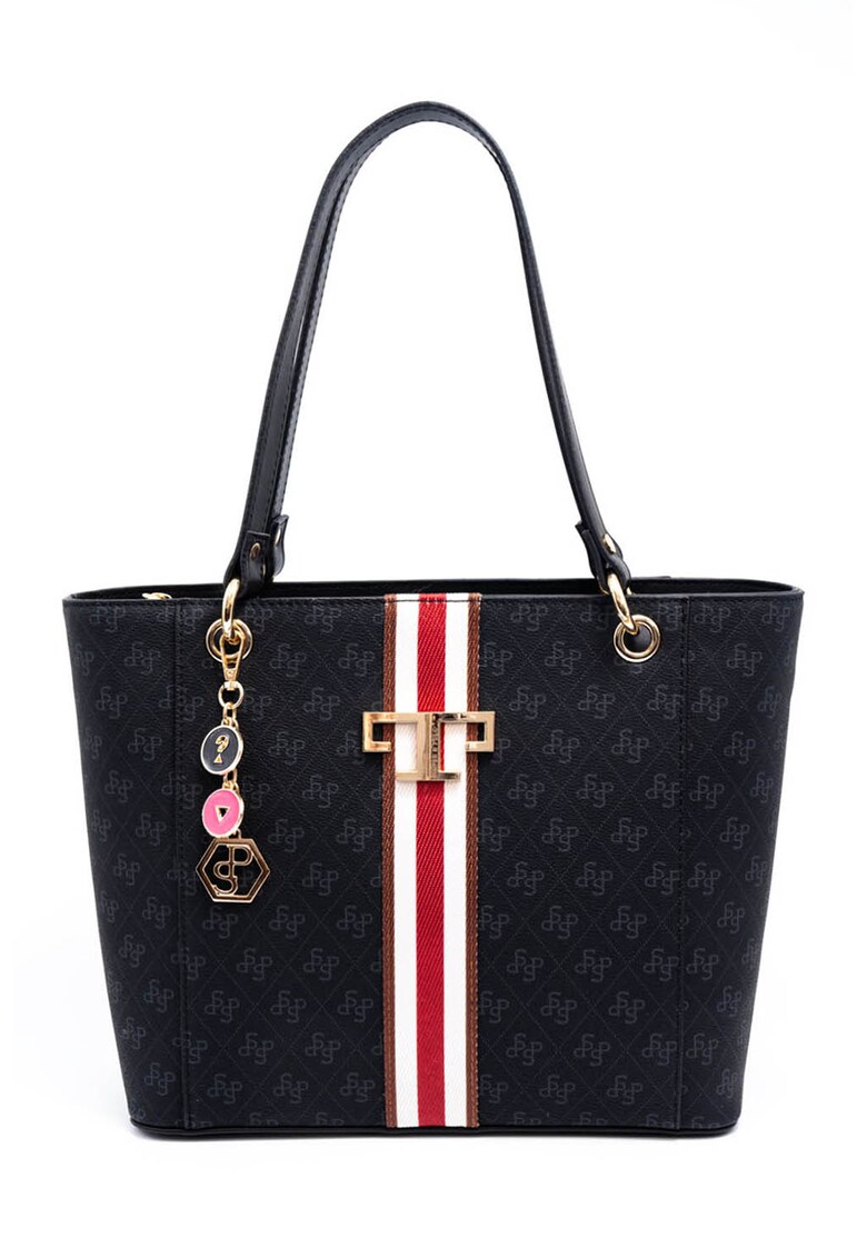 Geanta de piele ecologica cu bareta de umar si detaliu contrastant - Negru