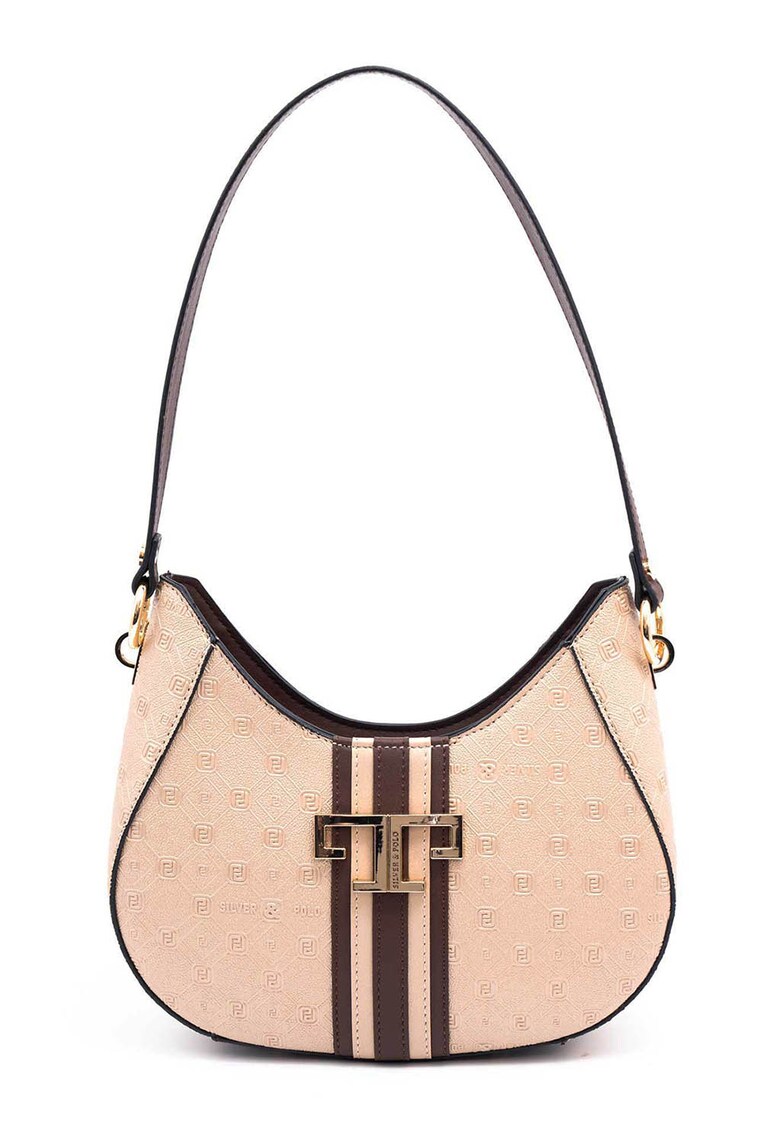 Geanta de piele ecologica cu bareta de umar si aspect texturat - Maro/Bej