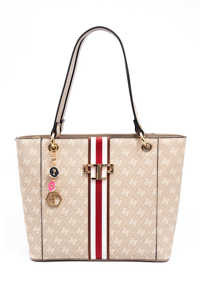 Geanta de piele ecologica cu bareta de umar si model monograma - Rosu/Alb/Crem