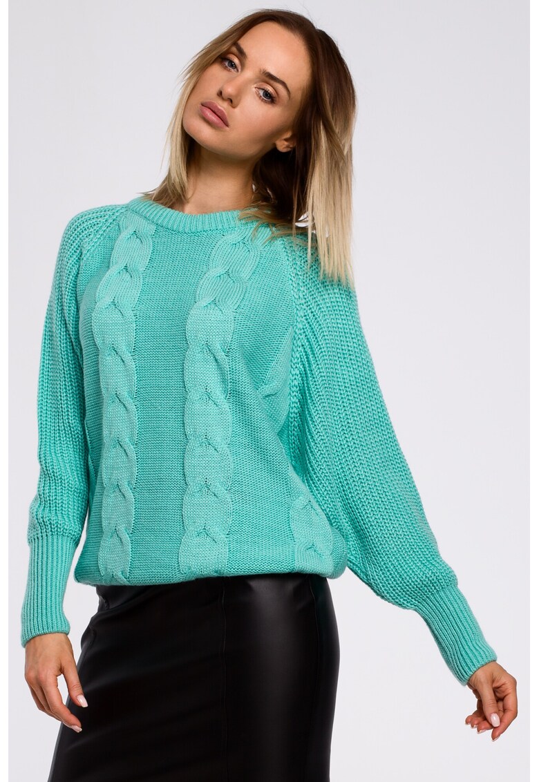 Pulover cu maneci largi si impletitura tip coada de cal -