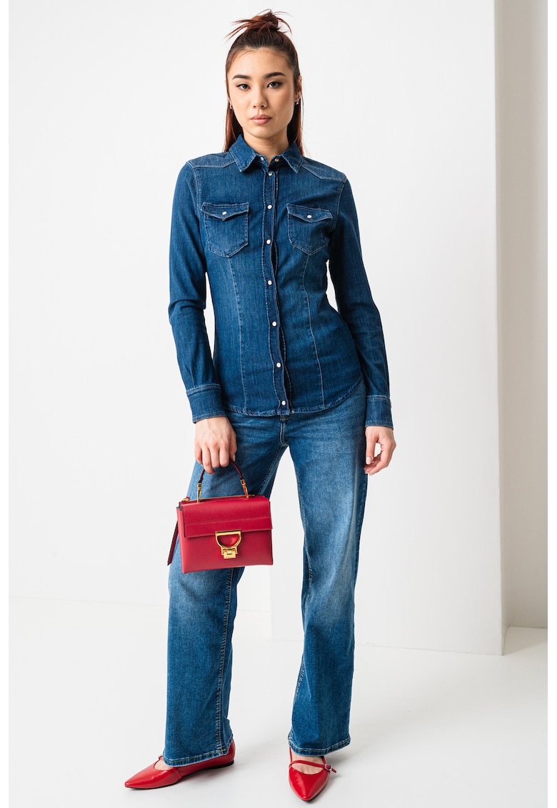 Camasa de denim cu buzunare pe piept - Albastru inchis