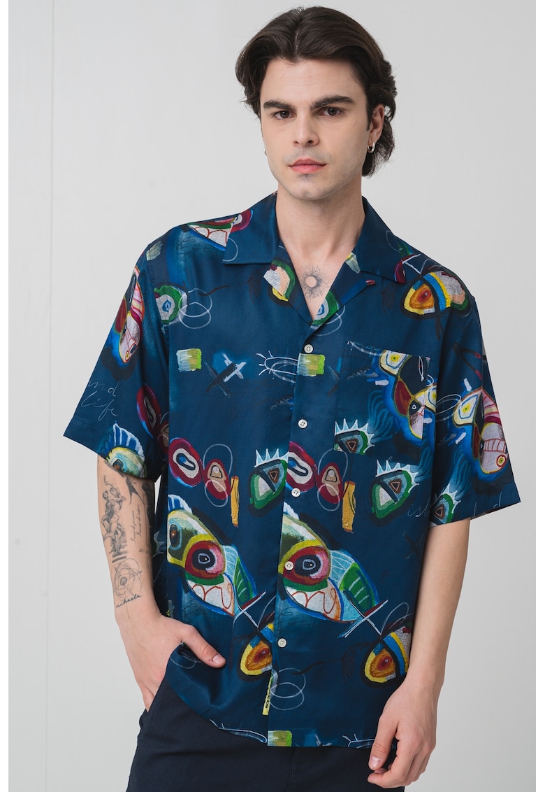 Camasa din lyocell cu model si buzunar pe piept