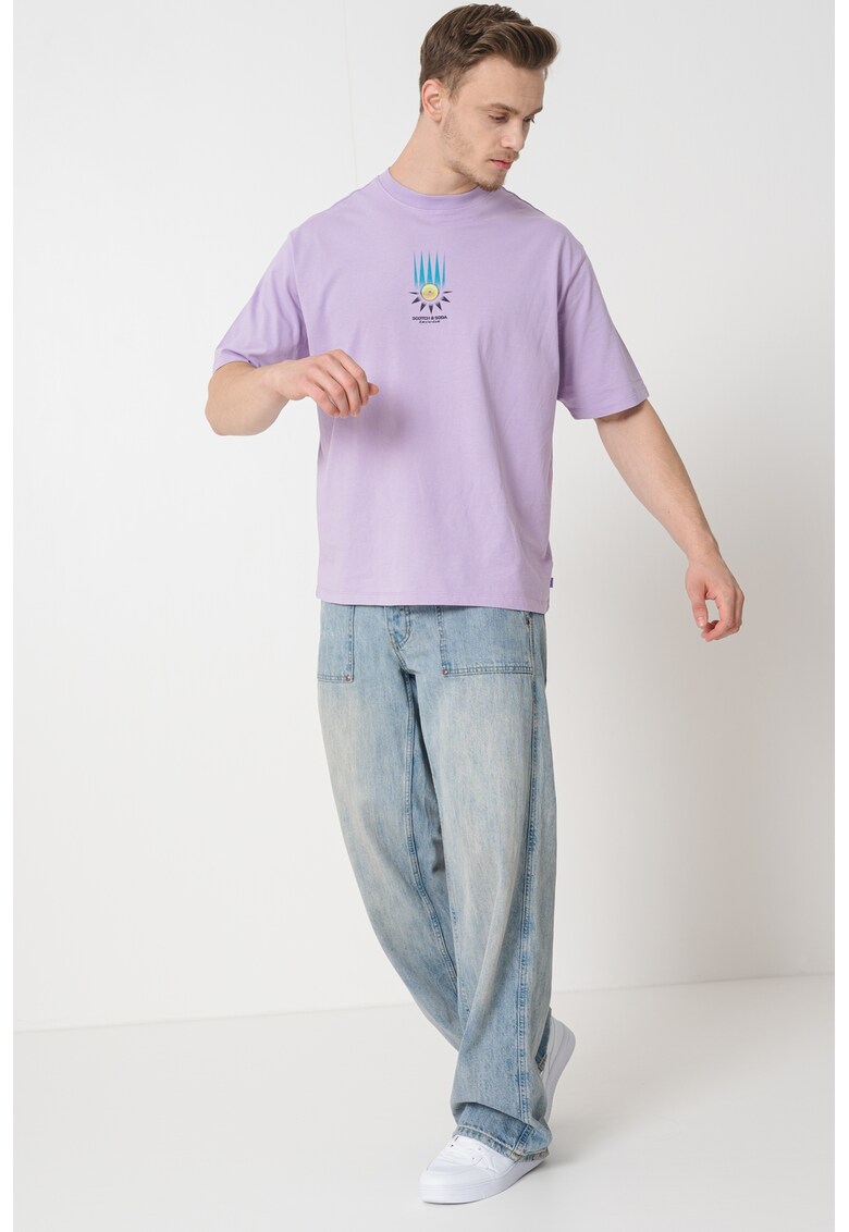 Tricou din bumbac cu imprimeu - Albastru pastel/Maro inchis/Lila