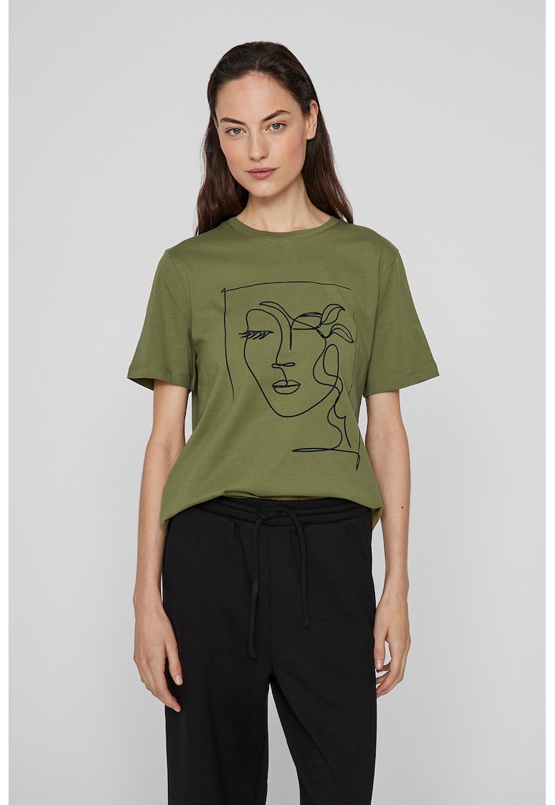 Tricou din bumbac organic cu decolteu la baza gatului - Negru/Verde feriga