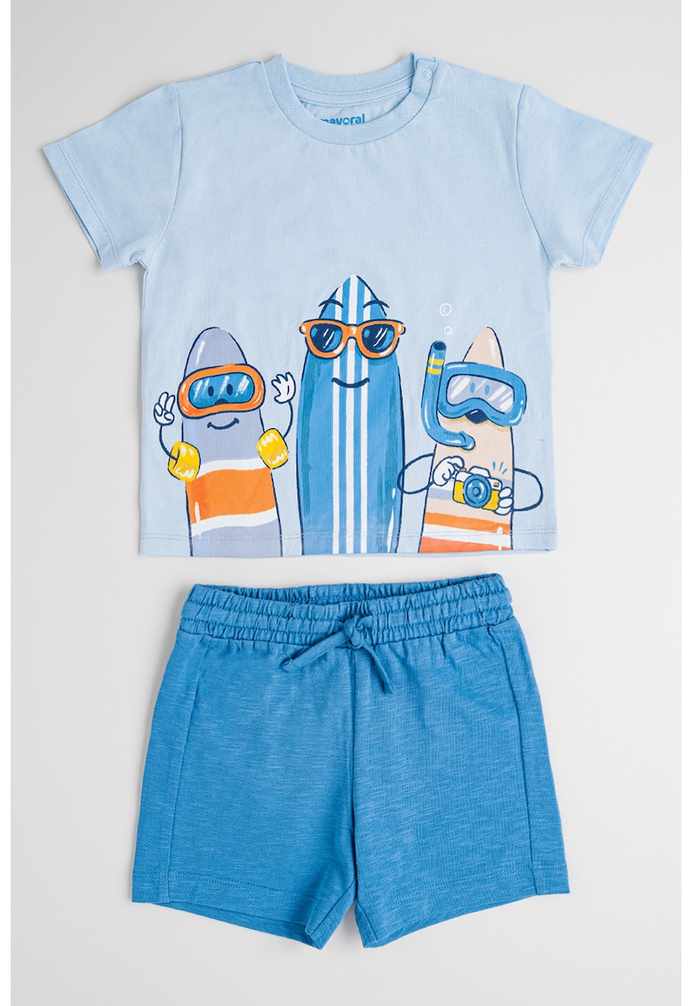 Set de tricou de bumbac cu imprimeu si pantaloni scurti