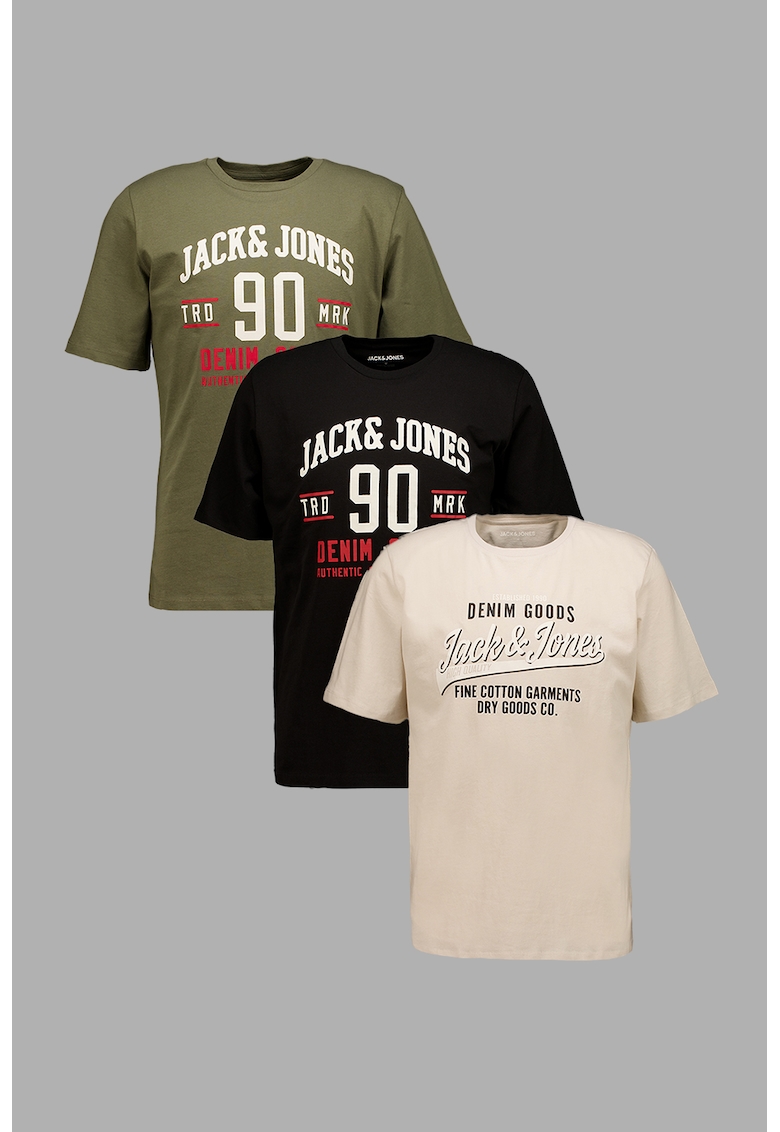 Set de tricouri cu decolteu la baza gatului si logo - 3 piese - Negru/Bej/Verde masliniu