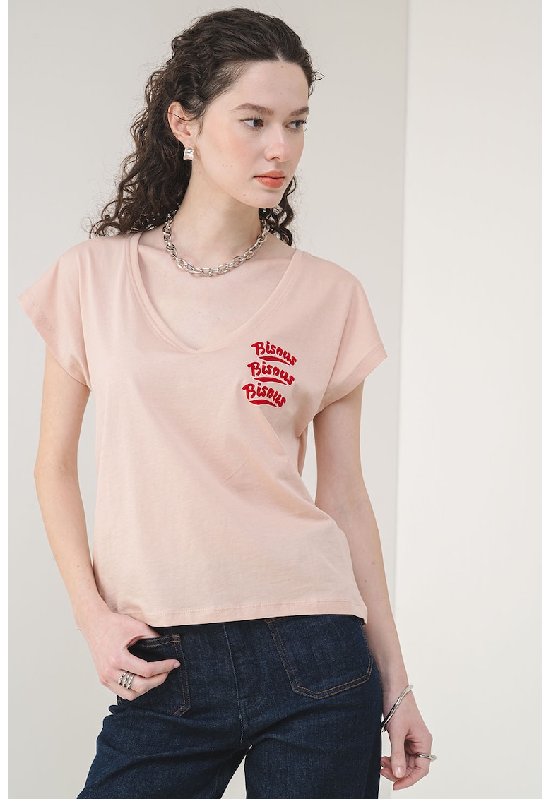 Tricou de bumbac cu decolteu in V Collie - Roz prafuit