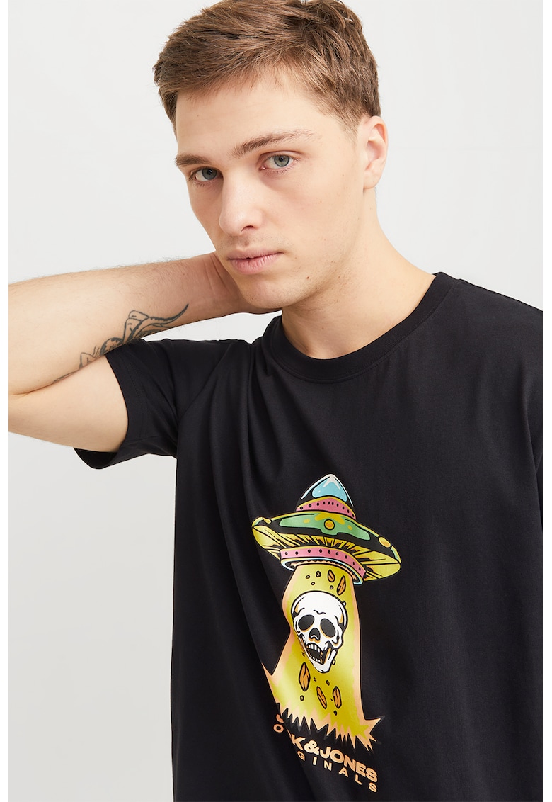 Tricou cu imprimeu si decolteu la baza gatului - Alb/Negru/Galben