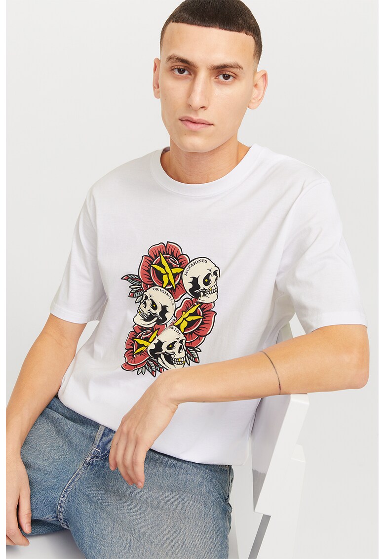 Tricou cu imprimeu si decolteu la baza gatului - Rosu/Galben/Alb murdar