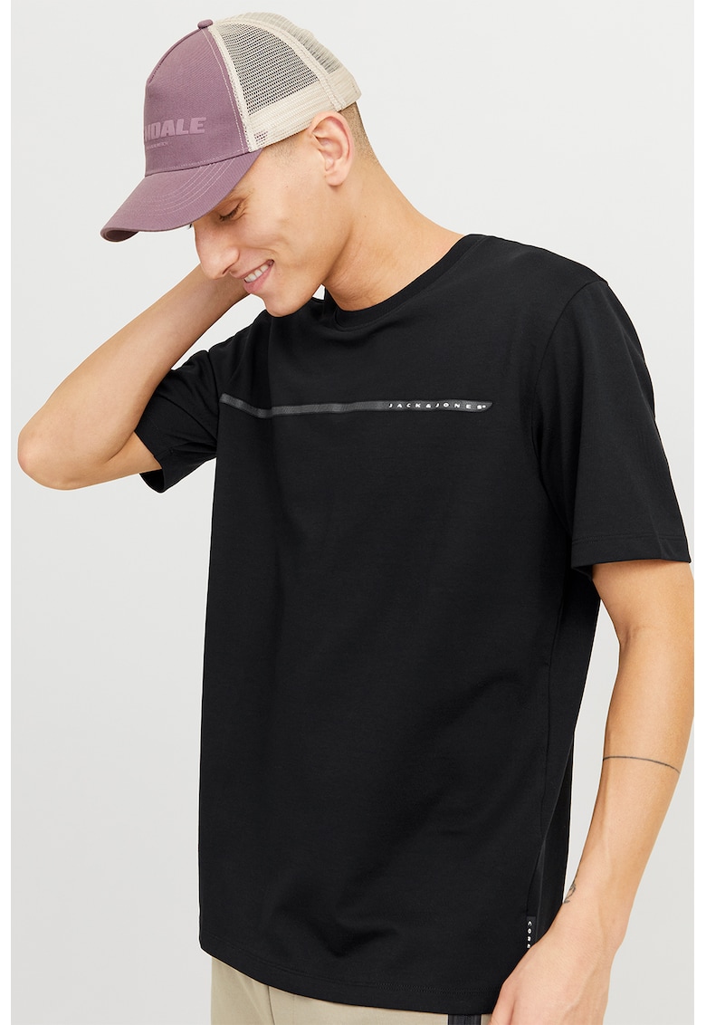 Tricou din amestec de bumbac cu decolteu la baza gatului - Negru