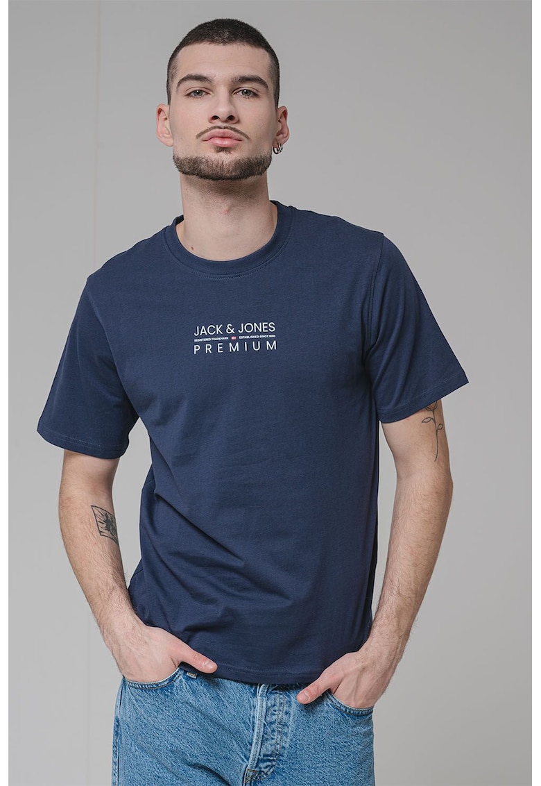 Tricou cu decolteu la baza gatului si imprimeu logo Blu Atlas - Bleumarin