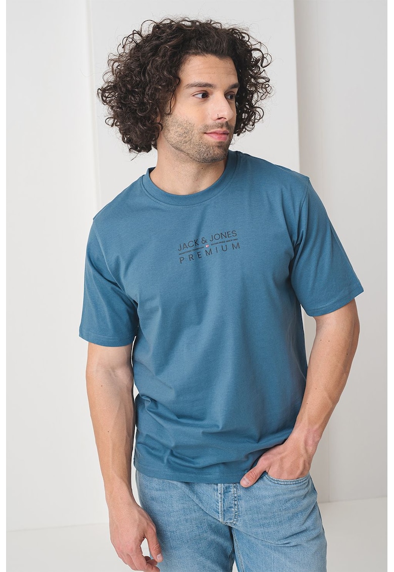 Tricou cu decolteu la baza gatului si imprimeu logo Blu Atlas - Albastru prafuit