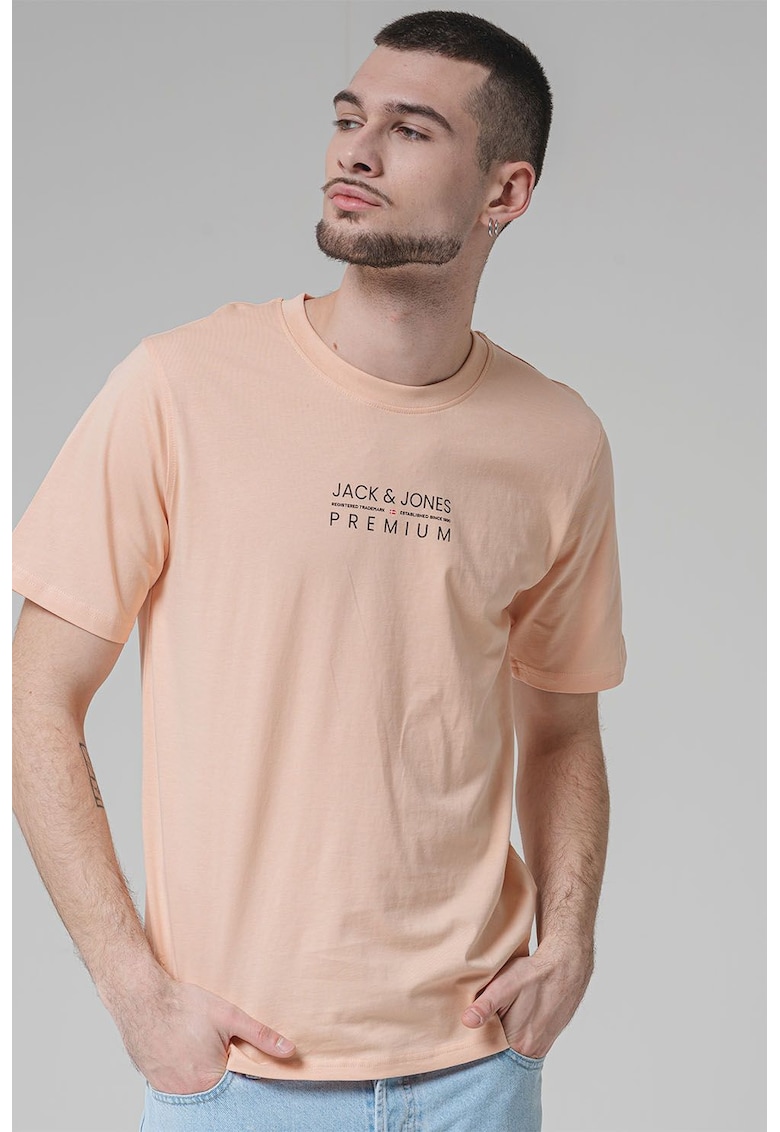 Tricou cu decolteu la baza gatului si imprimeu logo Blu Atlas - Piersica