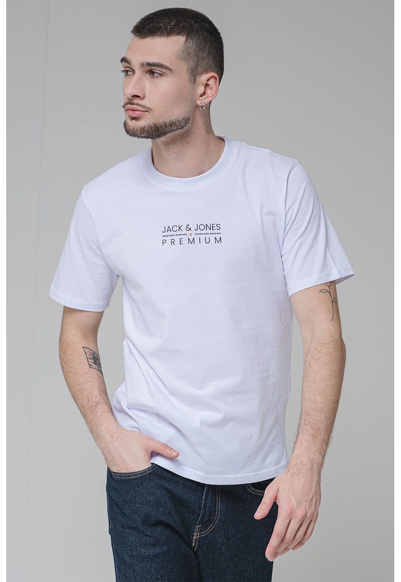 Tricou cu decolteu la baza gatului si imprimeu logo Blu Atlas - Alb